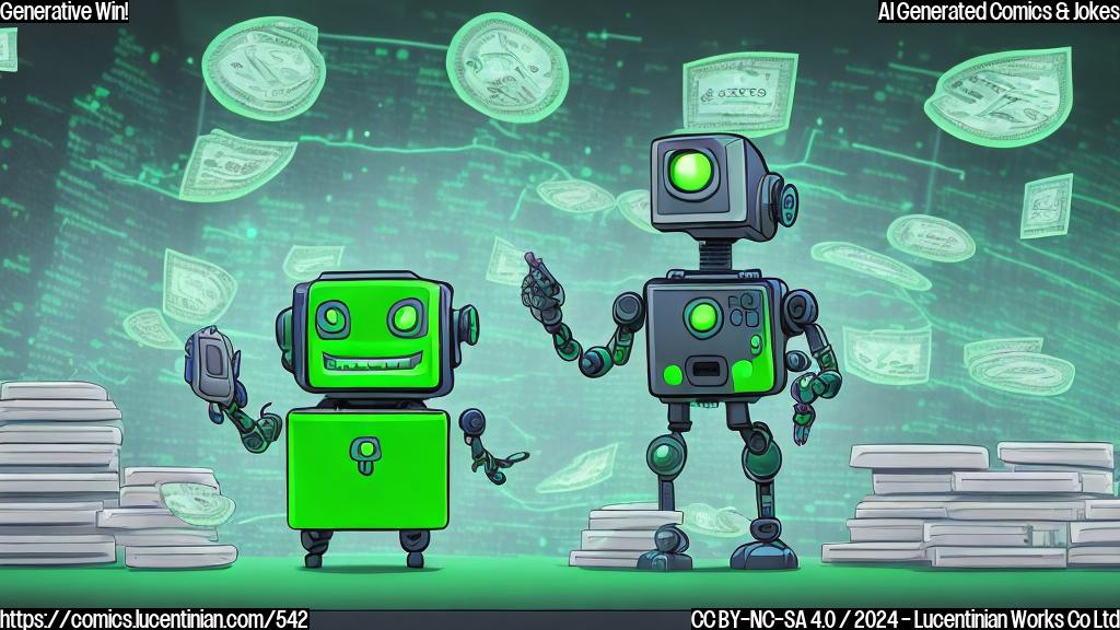 A cartoon-style image of a smiling, green robot with a briefcase and a briefcase overflowing with money, surrounded by rising stock prices and charts going up on screens in the background. The robot has a speech bubble saying "win" and is standing in front of a large, open bookshelf with many books labeled "AI", "Profit", and "Stock Market".