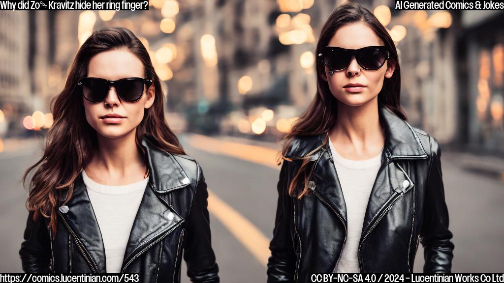 A woman wearing a leather jacket and sunglasses with a subtle silver ring on her left middle finger, standing in front of a city street at night. The ring is not visible from the side view. The woman is looking straight ahead with a confident expression.
