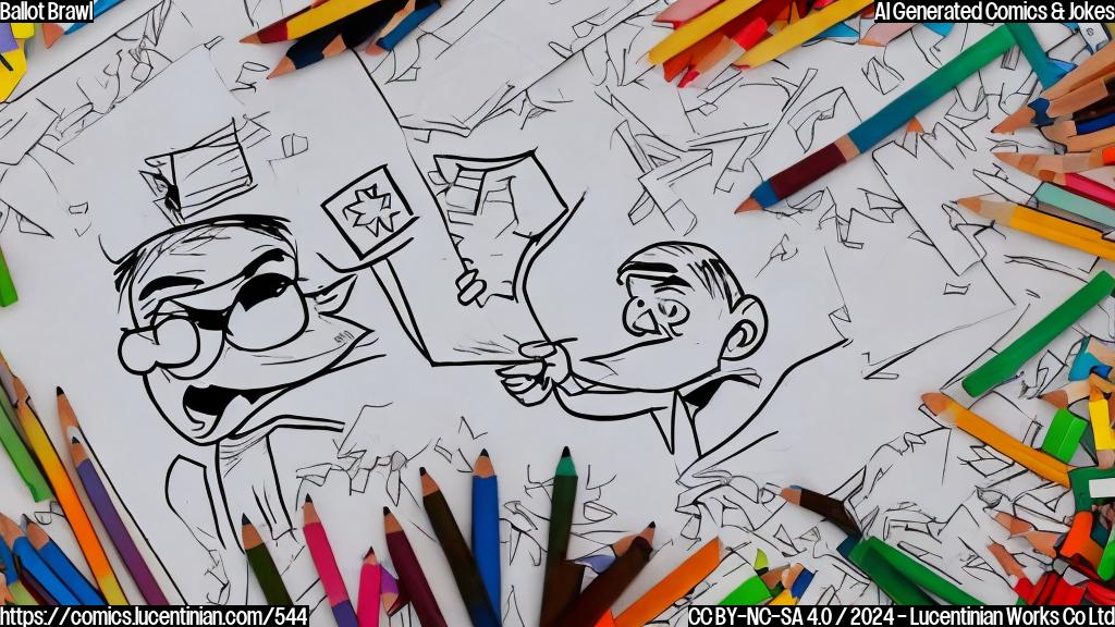 Draw a plain color cartoon style picture of a ballot with a surprised expression, surrounded by empty envelopes and pens, with a hint of a smile on its face. The background should be a light blue color, representing a mailbox or a voting booth.