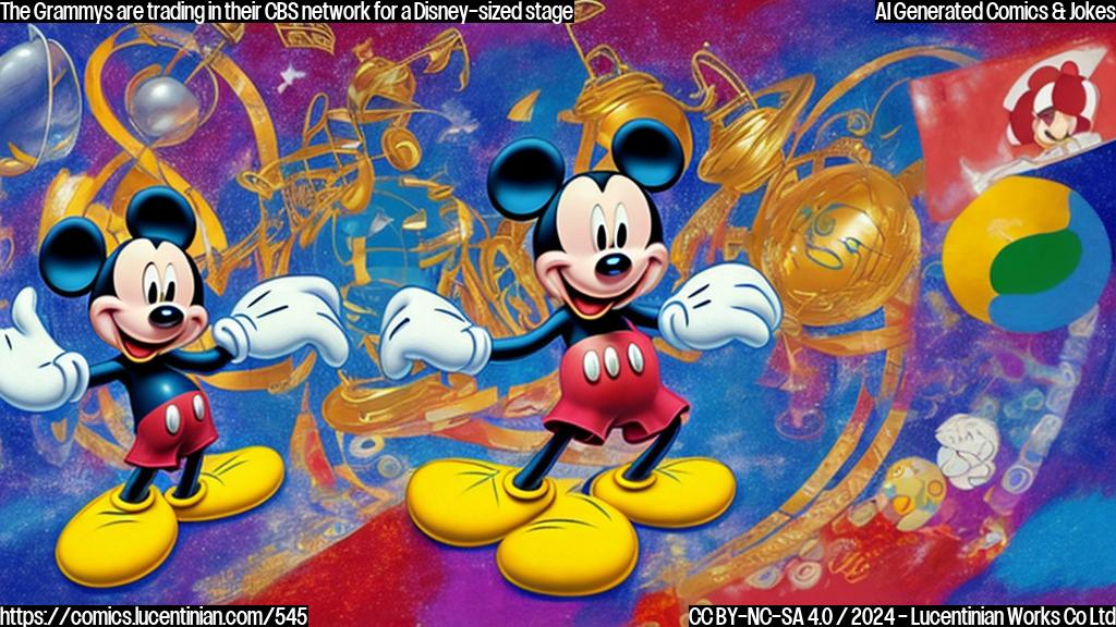 A large, colorful illustration of a microphone on top of Mickey Mouse's head, with a TV screen behind it showing a logo of CBS being replaced by a Disney+ logo, surrounded by musical notes and Grammy Awards trophies.