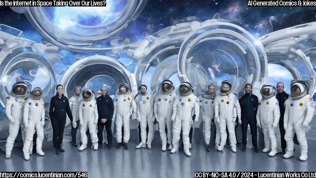 A group of concerned scientists with futuristic spacesuits and lab goggles standing in front of a giant, swirling vortex representing space, surrounded by a halo of stars.