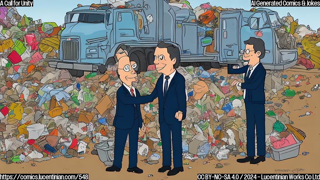 A cartoon of a person in a suit with a concerned expression, standing in front of a garbage truck. The person is holding a hand out to stop the garbage truck, while on the ground nearby, people from different age groups and backgrounds are shown pointing fingers at each other. In the background, a faint image of a split America can be seen.