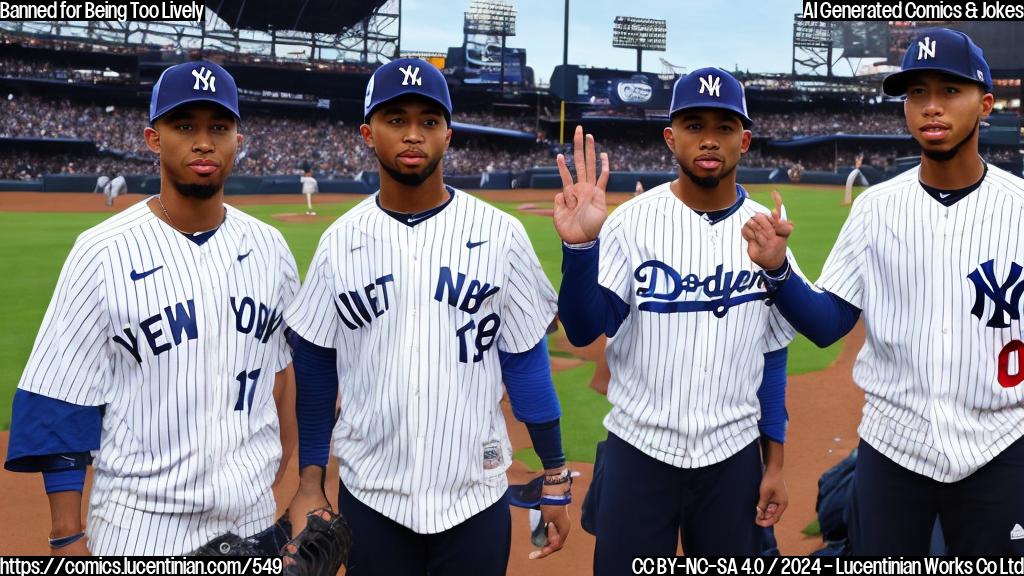 Two baseball enthusiasts wearing Yankees caps and sporting enthusiastic facial expressions, standing in front of a stadium with a Dodgers player (similar to Mookie Betts) in the background, gesturing towards them with a stern expression. The two fans are shown holding their hands up in a "stop" gesture, looking disappointed.