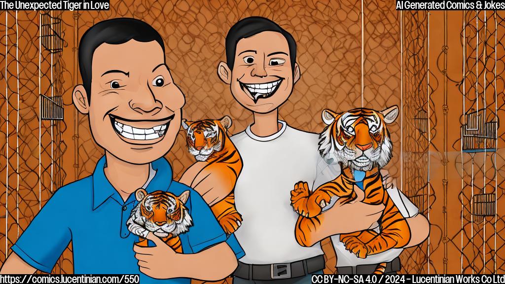 Draw a plain color cartoon style picture of a man from Mexico, with a big smile on his face, holding a small tiger toy and surrounded by prison bars. The background should be a pale orange color to represent the warmth of love.