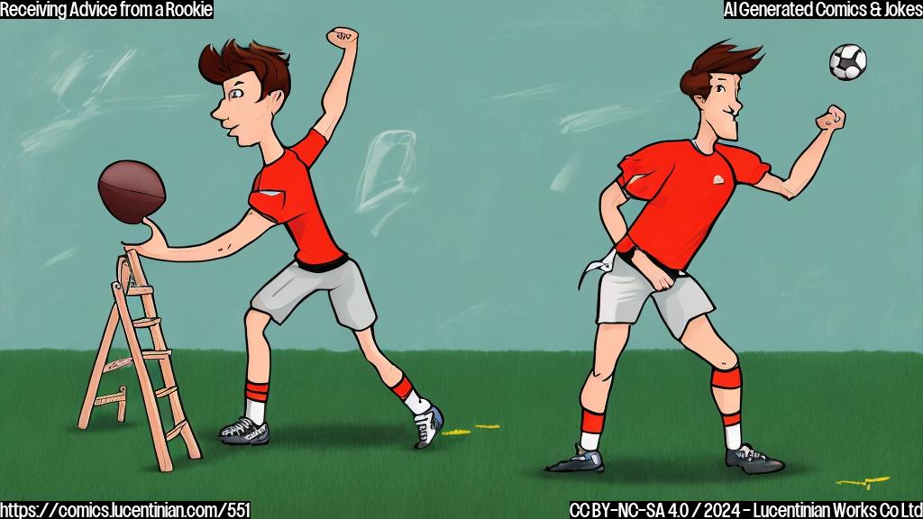 Draw a plain color cartoon style picture of a young male football player with a ladder standing on a football field, holding a football in one hand and looking up at it with excitement. The background should be a bright green grass field with white lines and goalposts.