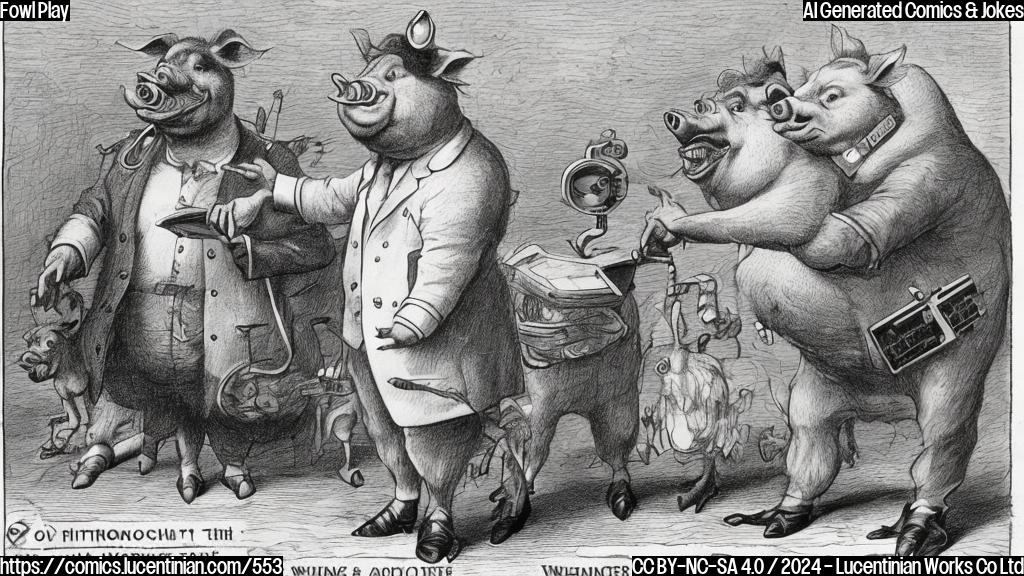 Draw an anthropomorphic swine with a thermometer in its mouth and a human doctor in a white coat examining it. The swine should be wearing a worried expression and holding a sign that says "Fowl Cough".