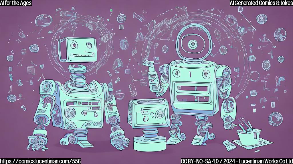 Draw a cartoon-style picture of a smiling robot with a puzzled expression, sitting on a therapist's couch, surrounded by papers with code and emotional symbols. The robot is holding a thought bubble with a byte symbol inside.
