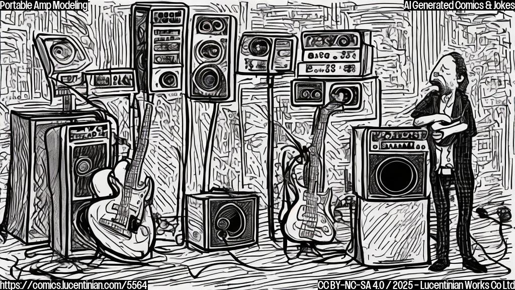 A cartoon drawing, in a plain color style, of a sad-looking guitarist talking to a large, old-fashioned amplifier, next to a small, sleek digital guitar amplifier, both in plain colors, with no background.