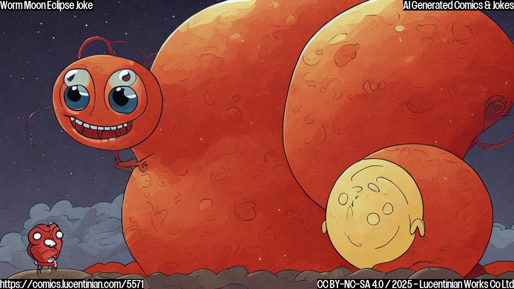 A cartoon worm with big eyes and a blushing red face, standing under a large red moon in a simple color style, with plain background