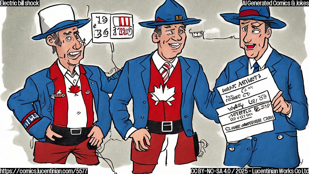 A simple cartoon of a Canadian power company representative smugly presenting a large electricity bill to a shocked American citizen.  Use plain colors, no gradients. The Canadian is wearing a Mountie-style hat, the American is wearing a stars-and-stripes patterned shirt.  The background is a plain light blue.