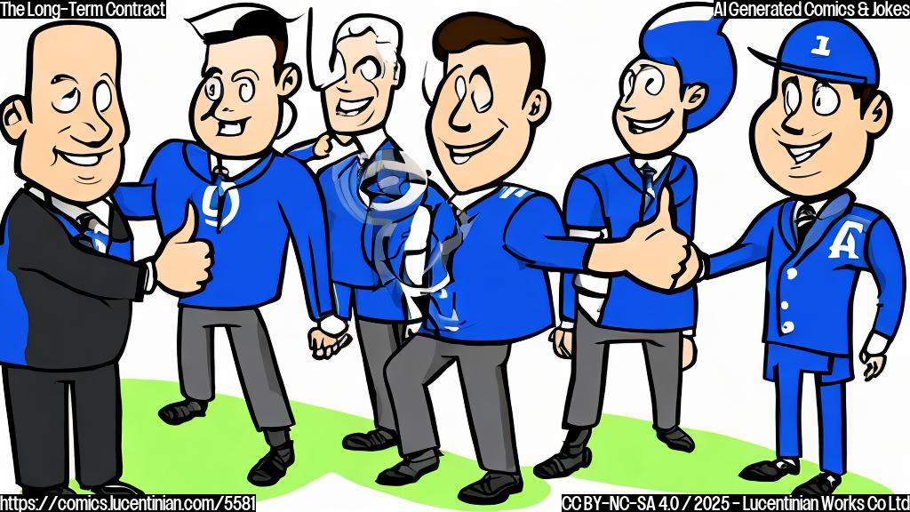 A cartoon of a football player in a simple blue uniform giving a thumbs up and a hand shaking another person in a suit. The style is plain color cartoon.