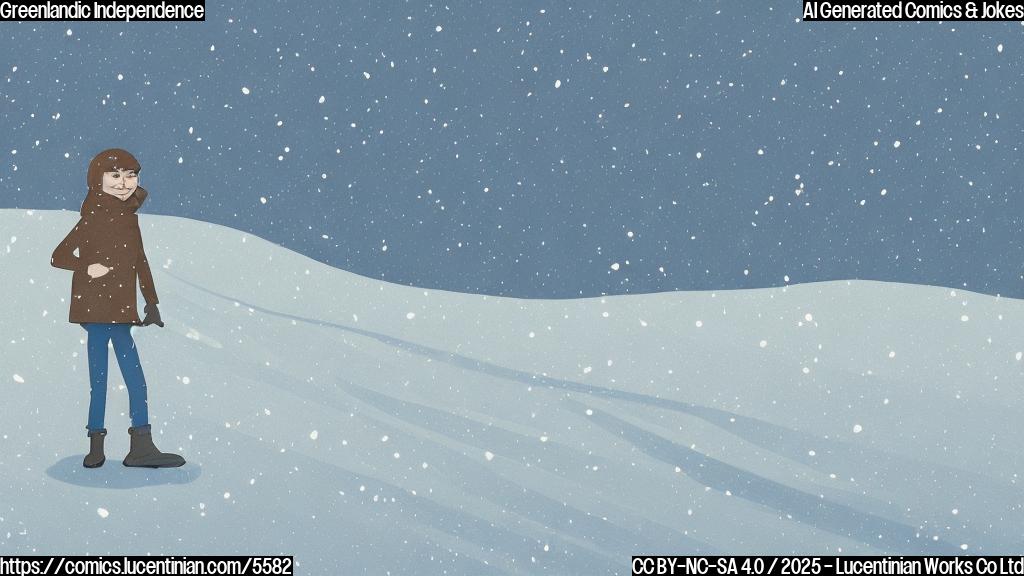 A cartoon drawing of a person looking sad and confused, searching around in a snow-covered landscape, with a simple color palette (blues and whites mostly), simple line style, and plain background.