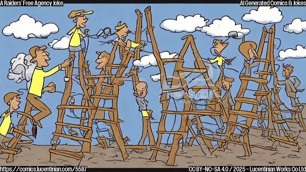 A cartoon of a stick figure general manager using a ladder to reach a group of stick figure players in clouds, done in plain color cartoon style.