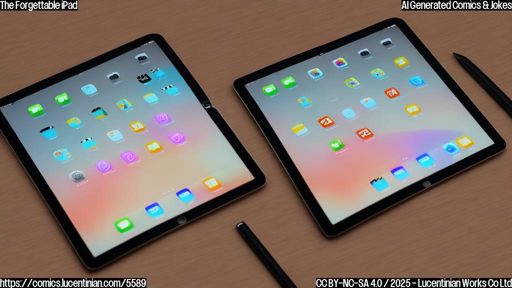 A cartoon drawing of a plain-colored iPad Air, with a chip inside that looks very small compared to the tablet size, and a miniature keyboard with the same colors. The overall style should be simple and forgettable.