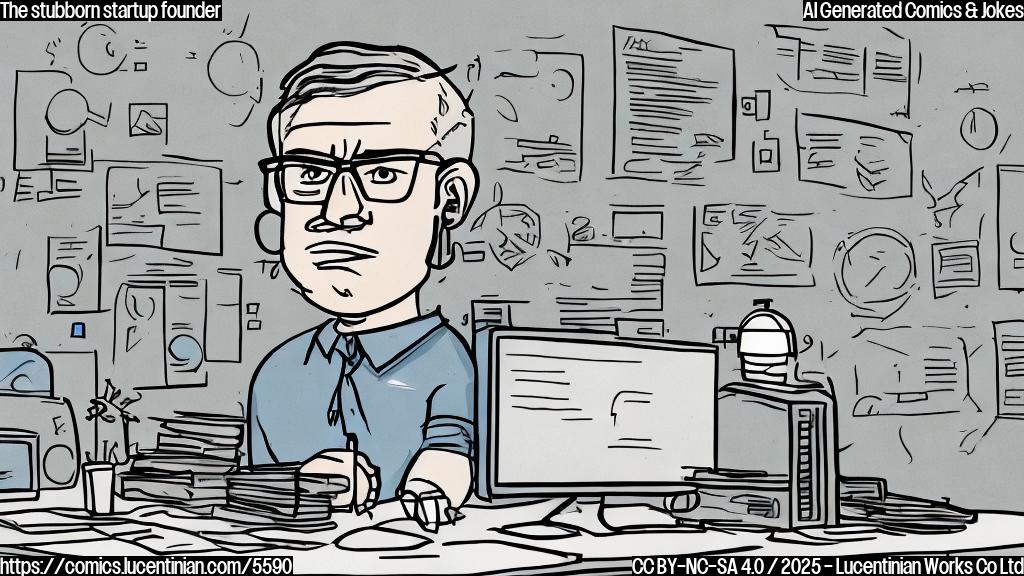 A cartoon drawing of a determined-looking person with glasses sitting at a desk surrounded by computer screens, looking intently at a complex algorithm. The style should be simple, with only a few colors (blue, gray, black). The background should be a plain light gray.