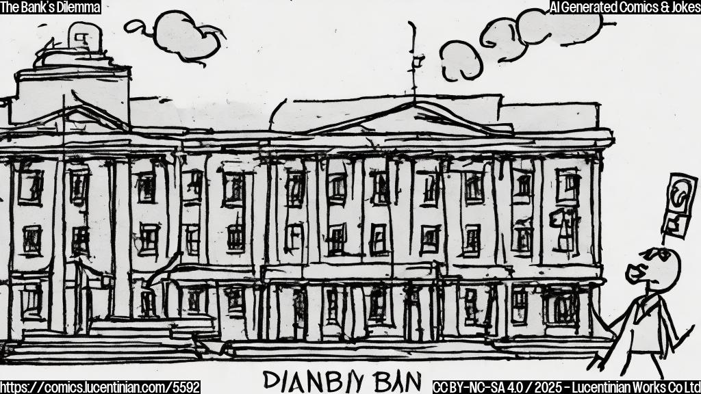 A simple cartoon drawing in plain colors of a bank building looking nervously over its shoulder, with a small, shadowy figure labeled "CFPB" disappearing in the distance. The bank building is sweating.