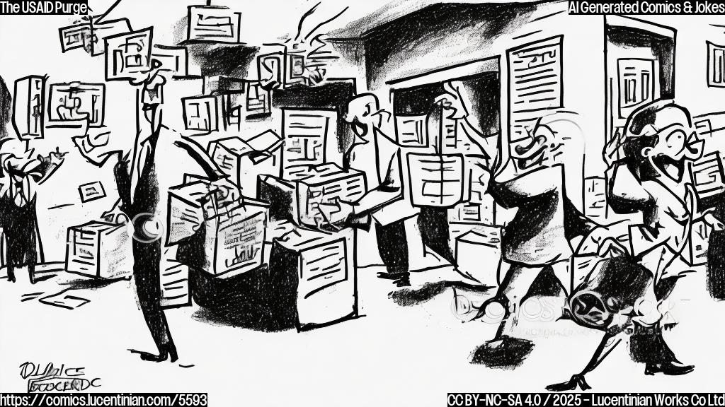 A simple cartoon drawing of a sad-looking briefcase labeled "USAID Program" being thrown out of a large office building. The drawing should be in plain colors, with no gradients or shading.