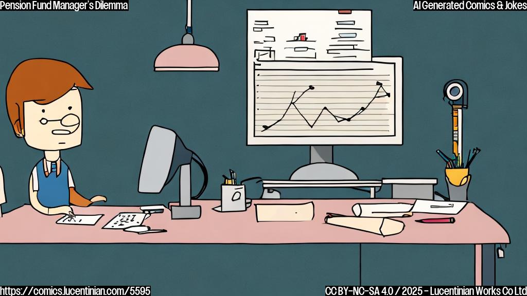 A simple cartoon drawing in flat style, plain colors. A worried man with thinning hair sits at a desk looking at a computer screen showing a graph trending downwards.  The graph is red. The room is simple and only shows the man and the computer.