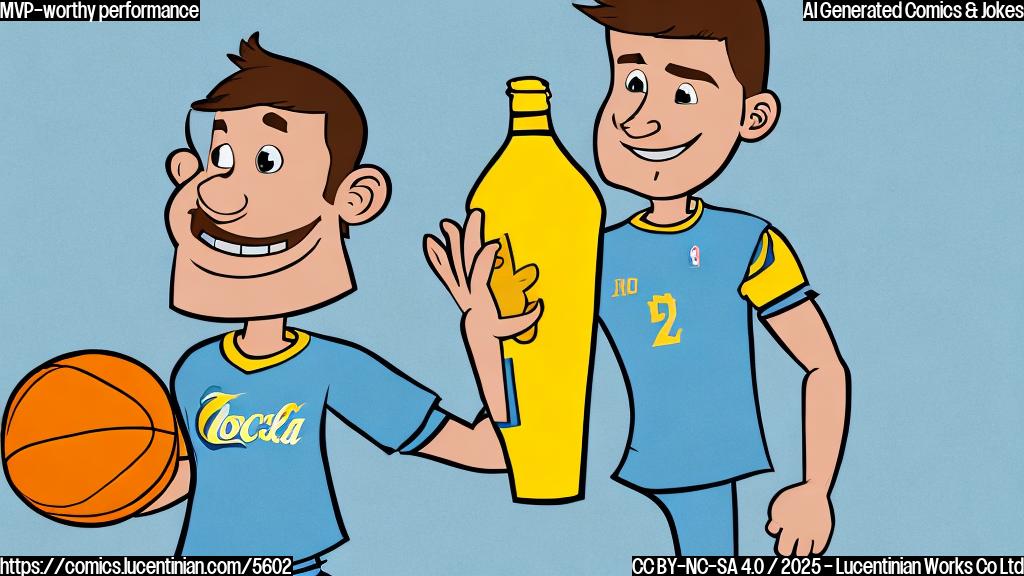 A cartoon drawing of a basketball player in a plain light blue outfit with a broad smile holding a large soda bottle with a label that says "Jokić-a-Cola" in a plain yellow background. The style should be simple, like a child's drawing, only using simple shapes and plain colors.