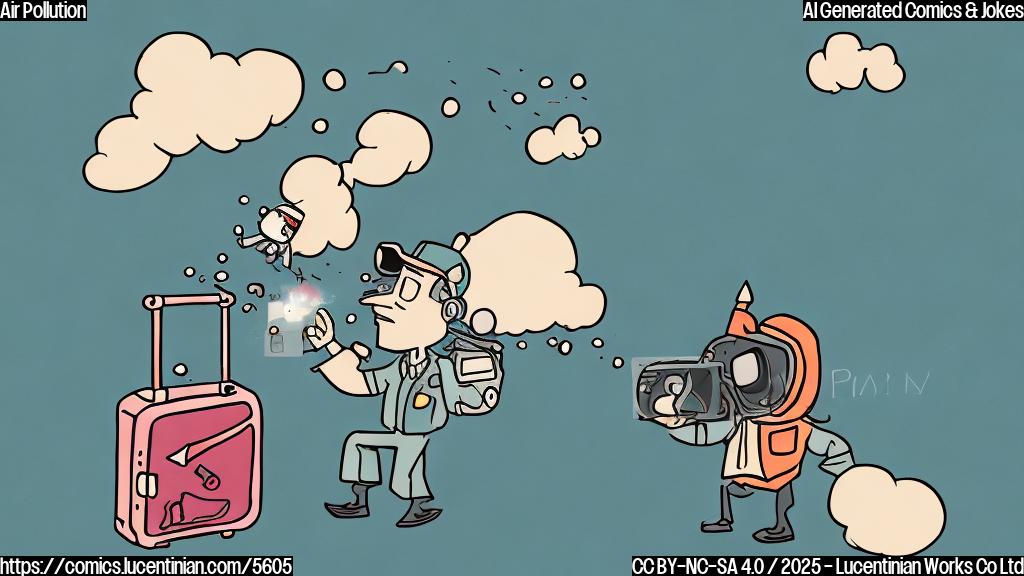 A cartoon of a single smog particle wearing a tiny suitcase and airplane pilot cap traveling on a tiny airplane, plain color style, simple background