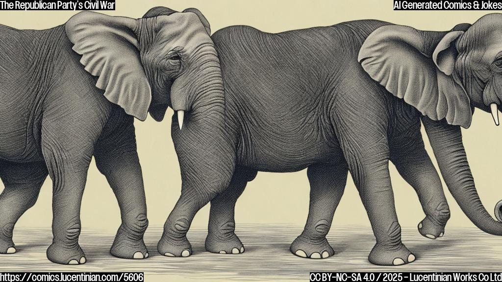 A cartoon of a Republican elephant, split down the middle into two halves, with one half labeled "Pro-spending" and the other half labeled "Fiscal Conservative", in a plain color cartoon style.