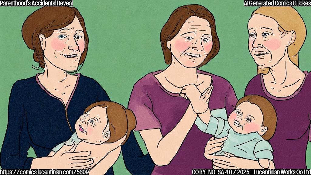 A cartoon drawing in plain color style shows two women. One is older, with kind eyes and a slightly embarrassed expression. The other is younger, smiling. Both are drawn in a simple style, with minimal details.  The older woman is holding a hand to her mouth, and the younger woman is holding a baby. The background is plain.