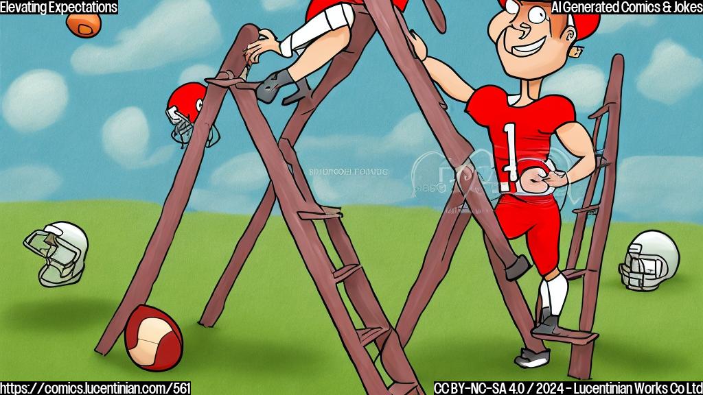 Draw a simple cartoon of a football player standing on top of a ladder, with a confident expression and a football field in the background, both in plain color style.