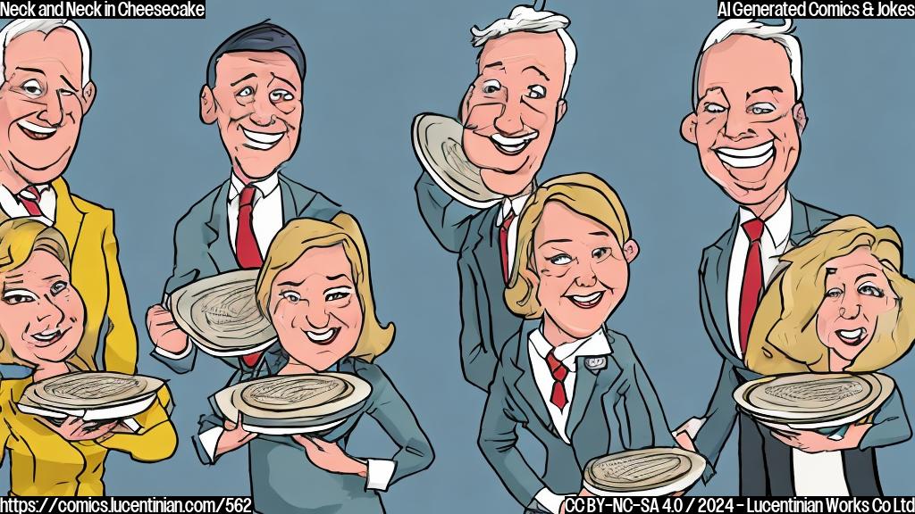 Draw a cartoon-style picture of two politicians (one female, one male) with smiling faces, holding two round plates of cheesecake in front of each other. The plates are labeled "Gouda" and "Stressed". The politicians should be standing next to each other, looking at the plates with slight facial expressions of surprise and amusement.