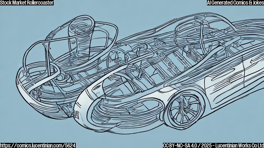 A simple cartoon drawing of a rollercoaster car shaped like a Tesla, plummeting downwards. The background should be a plain light blue. The style should be simple and flat, with only a few solid colors.