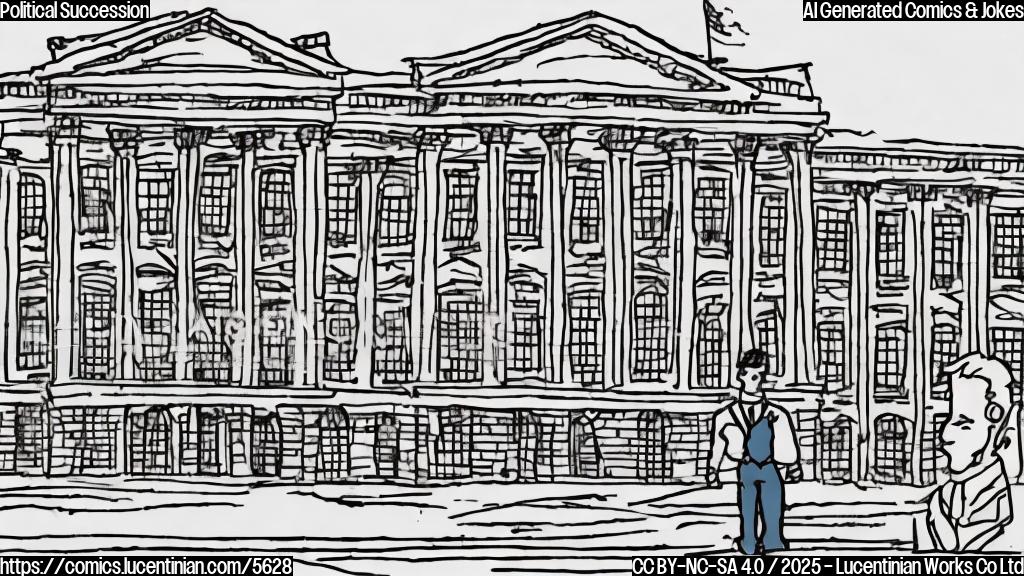 A simple cartoon drawing of a determined-looking person in a suit, standing confidently in front of a large building labeled "Governor's Office,"  with a smaller building labeled "Lieutenant Governor's Office" behind it. Use only three colors: Blue, Yellow, and Brown.