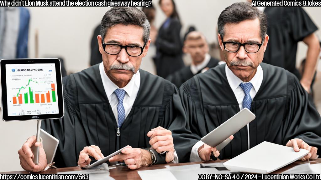 A billionaire with a fortune in cryptocurrency sitting in front of a judge, looking uninterested and holding a tablet with a stock market ticker on it. The judge is looking at him with a mixture of confusion and annoyance.