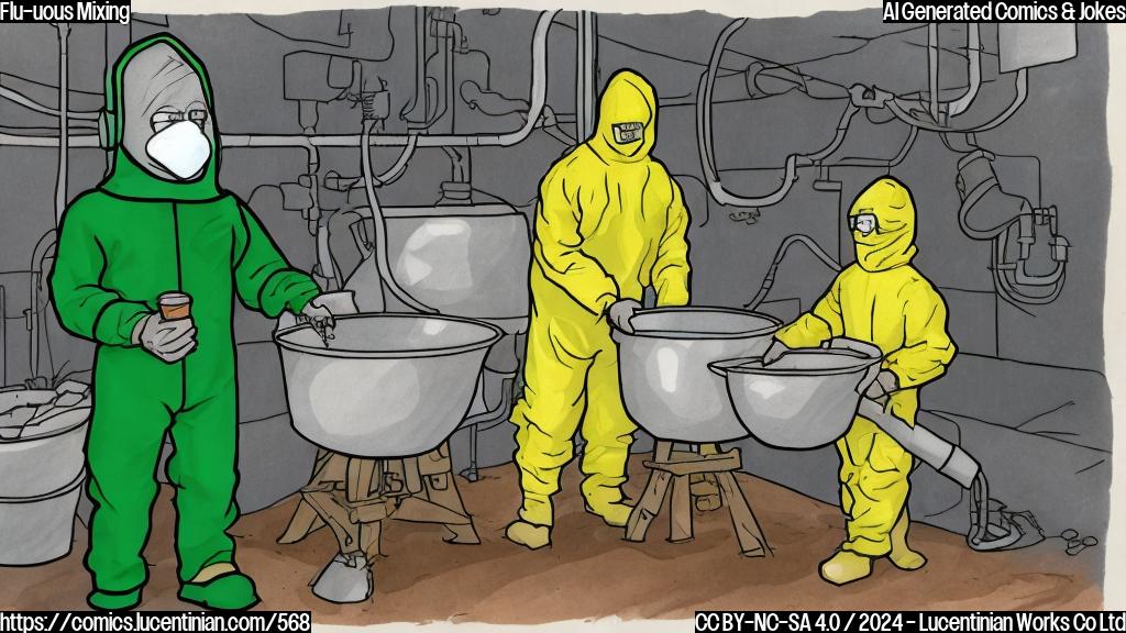Draw a plain color cartoon of a person wearing a hazmat suit and a farmer standing next to them, both looking stressed, with a mixing bowl in the background containing a swirling flu virus mixture.