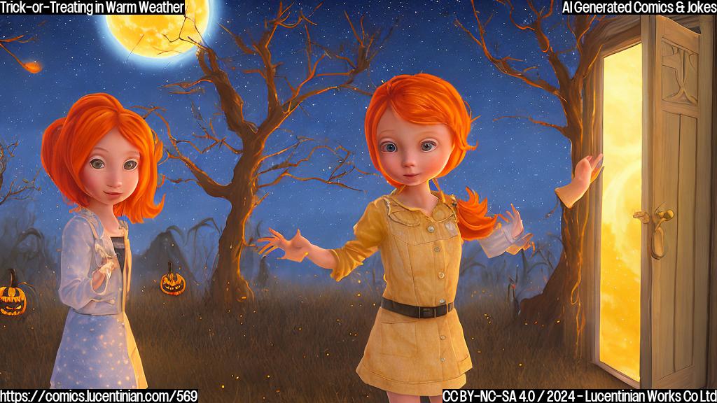 A young girl with bright orange hair and a yellow sundress wearing a light blue denim jacket stands in front of a door on Halloween night. She holds an open trick-or-treat bag at her side, and the moon is visible behind her. The sky above is filled with stars, and there are few clouds.