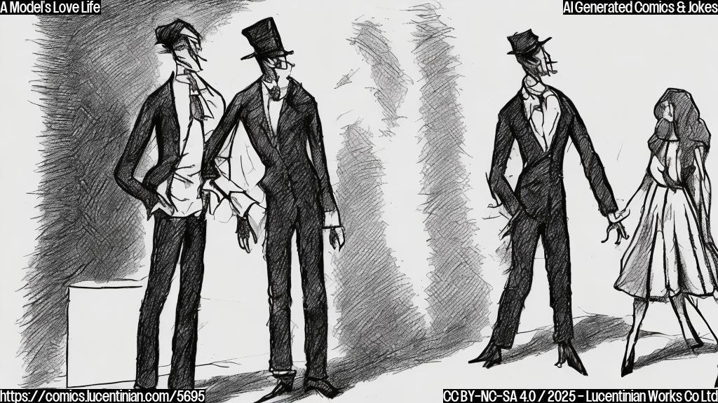 A simple cartoon drawing of two figures, one tall and slender wearing fashionable clothing, representing a model, and the other slightly shorter and broader wearing a simple outfit, representing an actor. The model is playfully pushing the actor away, who has a slightly sheepish expression. The background should be a plain light yellow colour.  Use a plain colour style.