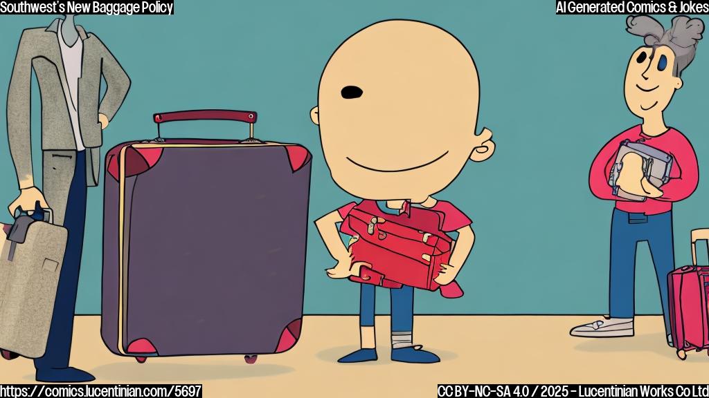 A cartoon of a person smiling and holding a small suitcase, next to a larger suitcase with a sad face; both suitcases are simple solid colors; plain background.