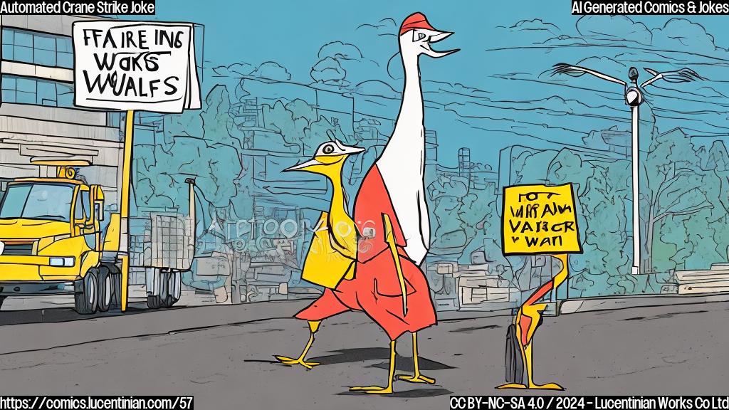 A cartoon-style illustration of a crane standing on one leg, holding a picket sign that says "Fair Wages Now" while a truck drives by in the background, looking sad and automated.