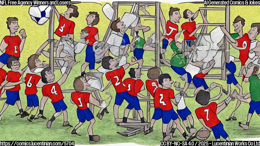 a cartoon of a football team carrying a large ladder into a conference room, plain color cartoon style.