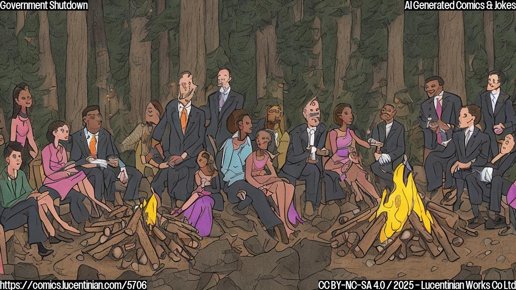 A cartoon drawing of a group of diverse looking people dressed in formal suits and dresses, sitting around a campfire in a forest. Some are roasting marshmallows, others look concerned. The campfire is labeled "Government Shutdown". The style is simple and plain colors, like a children's cartoon.