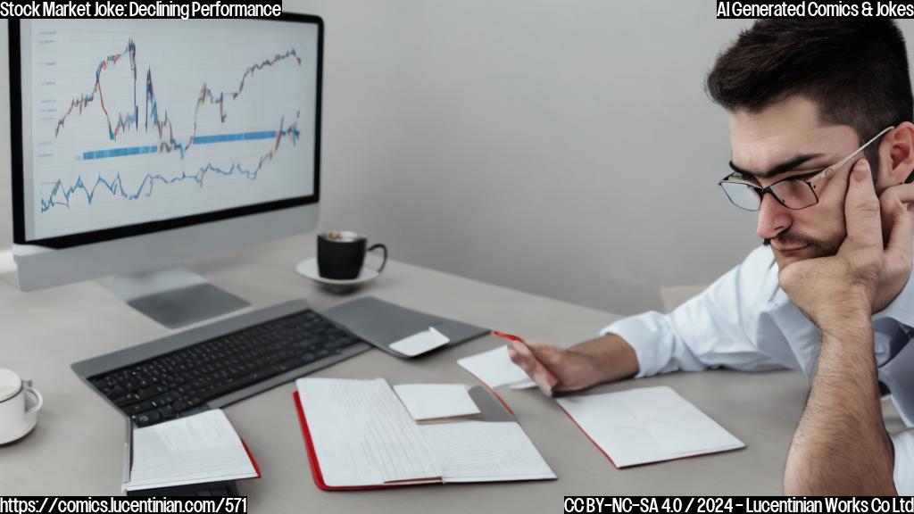 A sad-looking stock analyst sitting at a desk with a laptop, looking disappointed. His girlfriend is represented by a chart graph with lines that are downward sloping rapidly, and there's a red "X" on it. The background is a neutral gray or white color.