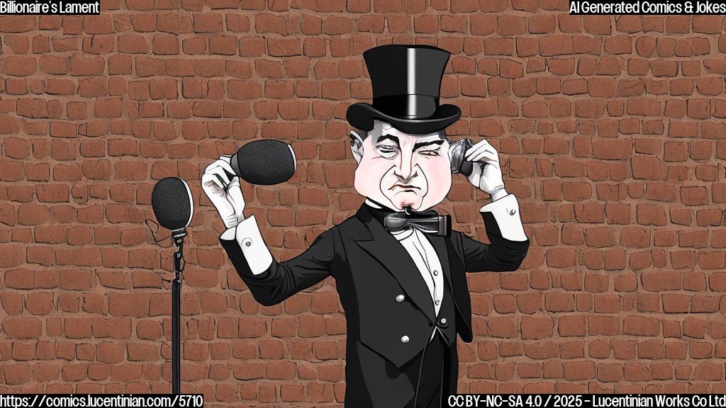 A cartoon drawing of a very rich person with an exaggerated top hat and monocle, looking sad while standing on a stage with a microphone in front of a brick wall. The lighting is harsh. The style is plain and simple, using only a few colors.