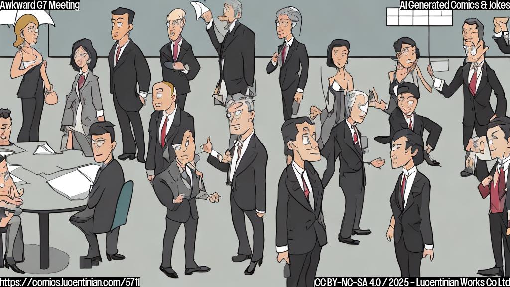 A cartoon drawing of seven figures in a room. One figure, with a light-colored suit and a determined expression, is holding a large, open black umbrella. The other six figures, dressed in various professional attire, are looking at him with expressions ranging from confusion to disapproval. The background is a bland conference room with a large table. The style is simple, flat colors, cartoonish.