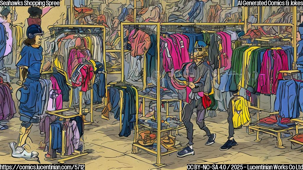 a plain color cartoon style picture of a football player with a helmet entering a clothing store. Racks of clothes are visible, and a sign reads "Receivers - All Sizes!"