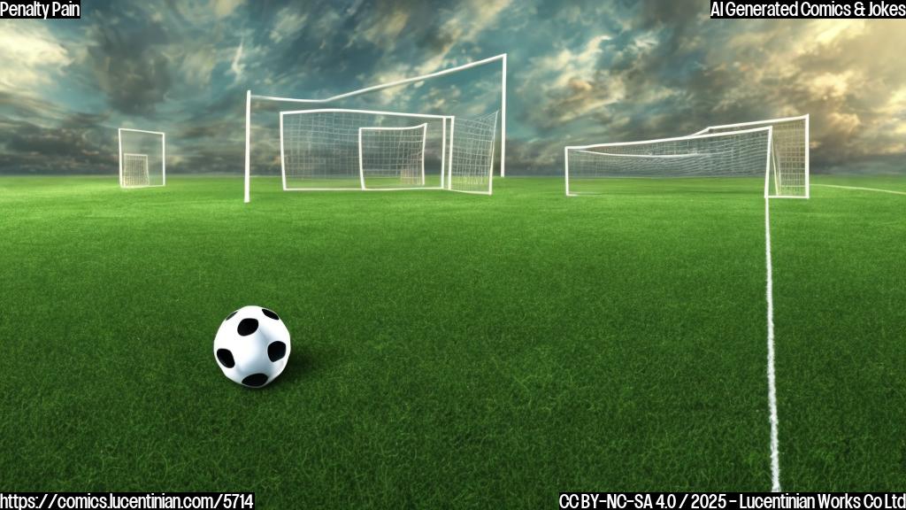 A cartoon-style image. A green soccer field with a soccer ball placed on the penalty spot. In the background, a tall, wobbly ladder leans precariously against one of the goalposts. The sky is a pale yellow.