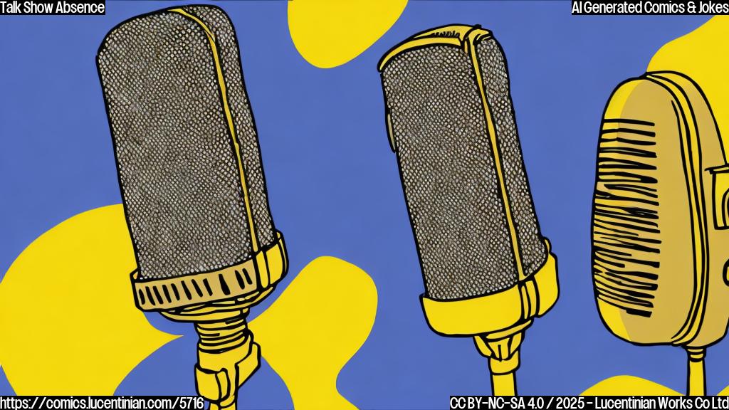 A cartoon drawing of a microphone on a talk show set looking sad, rendered in a single, plain yellow color.