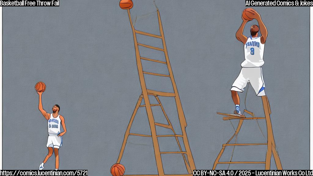 A simple cartoon image of a basketball player at a free-throw line, holding a very tall ladder. The basketball hoop is comically far away and high in the sky. The background is a plain light blue.