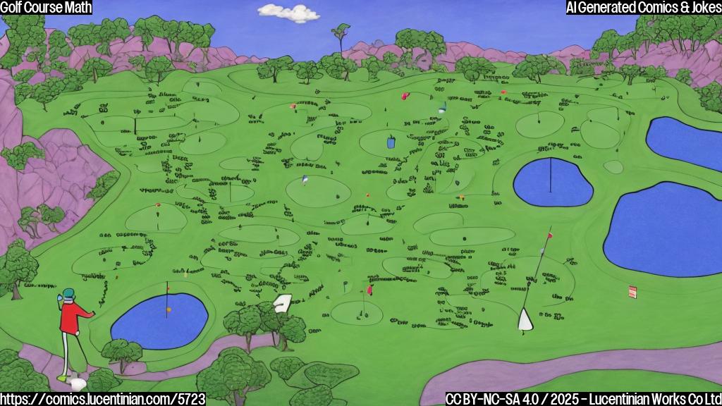 A cartoon-style golf course with a chalkboard in the background showing a math equation that leads to a ridiculously high score, all in plain colors.