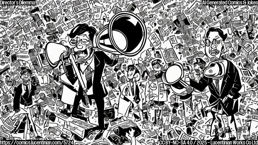 Cartoon style image of a director with a megaphone, looking stressed, surrounded by chaotic film crew and political posters with plain colors.