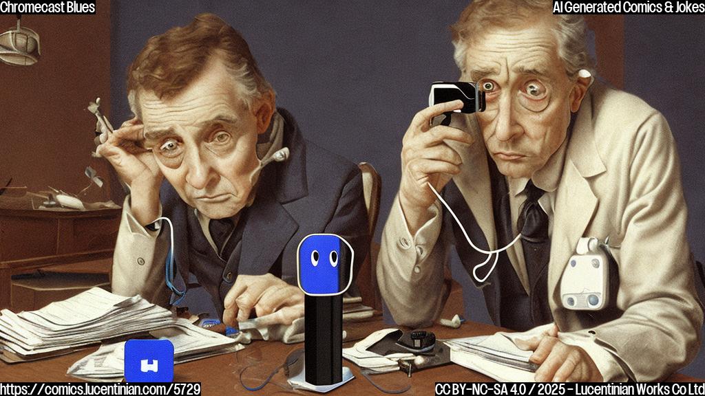 Cartoon style image. A worried looking streaming stick device with a sad face is lying on a doctor's table with a blue screen. A computer is in the background