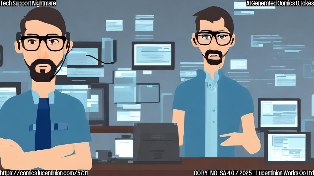 A stressed-out tech support guy with glasses, surrounded by computer screens displaying error messages and code, looking exasperated. The scene should be cartoonish and use plain, solid colors.