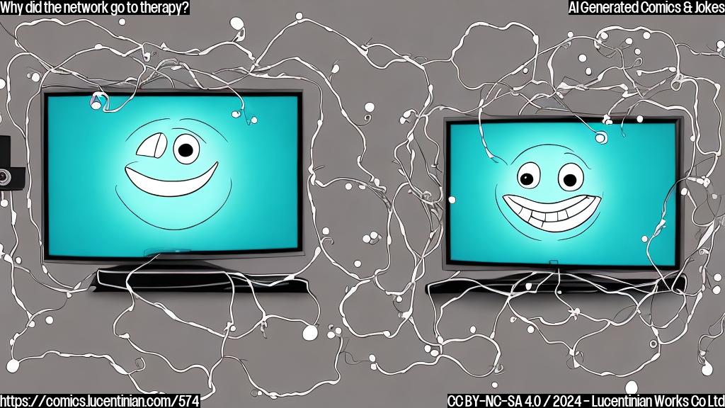 A cartoon of a smiling TV screen with a face, surrounded by scattered remote controls and tangled cables, with a few tears streaming down its "screen".
